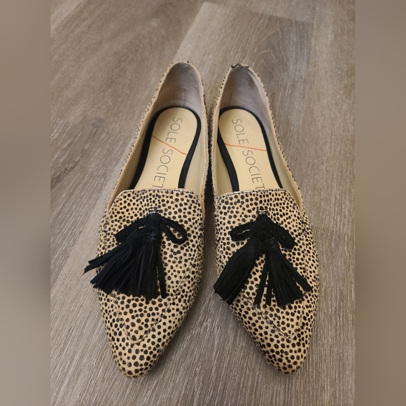 Sole Society Hadlee Calf Hair Leather Polka Dot Leopard Print Tassel Loafers - Picture 2 of 4